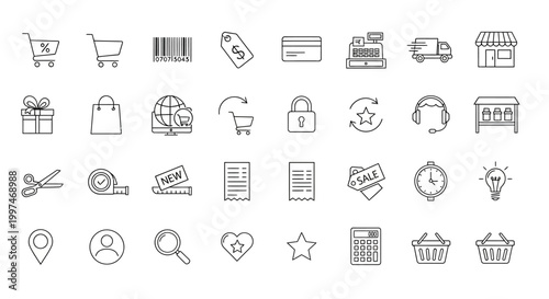 Set of shopping and e-commerce icons in a clean line art style.