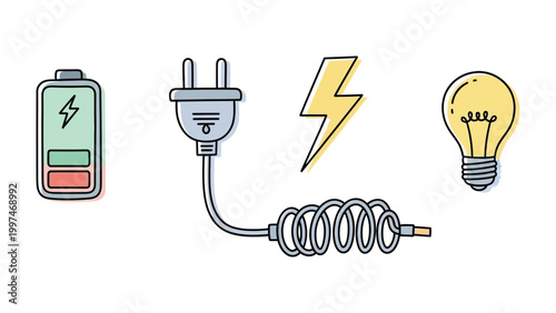 Energy Icons: An array of essential energy symbols, including a battery, a plug, a lightning bolt, and a light bulb, represent power and electricity.
