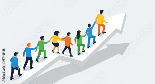 Diverse group of people following a leader up an upward trending arrow representing success and growth.