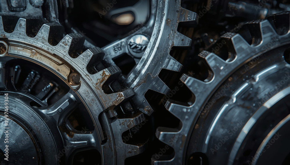 Fototapeta premium Precision gears and oil lubricant macro. Industrial maintenance engineering.