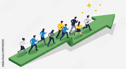 Schilderij op canvas Diverse group of people running up a green arrow graph symbolizing success and growth