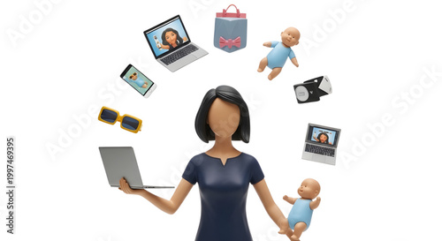 Multitasking Woman with Floating Laptops Baby and Smartphone 3D Render,  A 3D rendered cartoon illustration of a multitasking woman, with various objects like a laptop, baby, smartphone, sunglasses, a