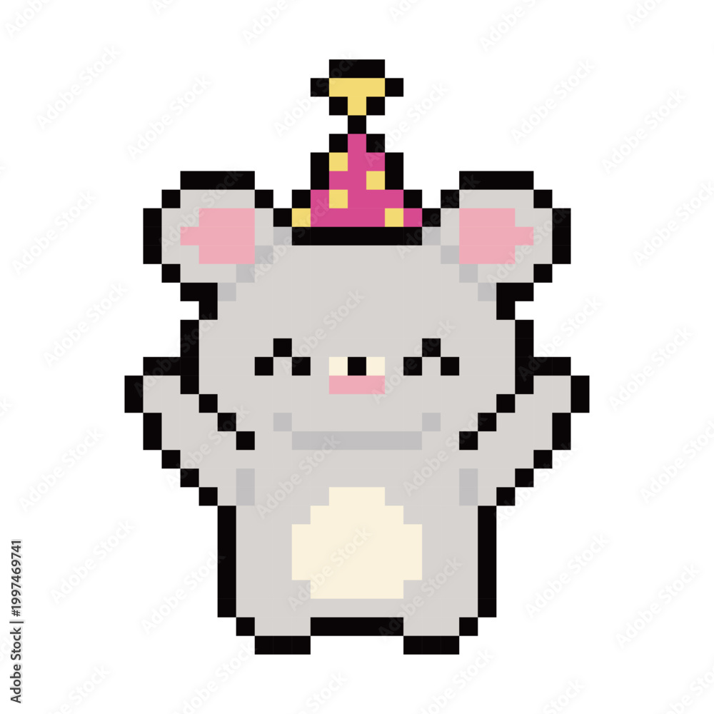 Obraz premium Pixel art cute grey mouse with party hat celebration graphics