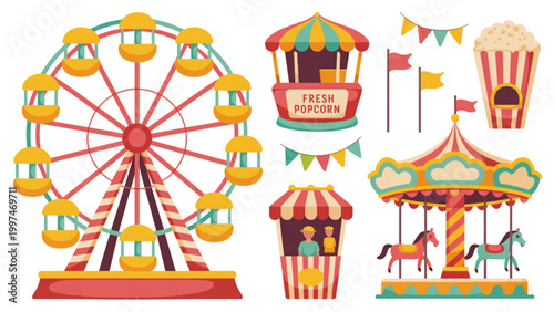 Bild auf Leinwand Colorful cartoon amusement park with ferris wheel, carousel, and carnival games