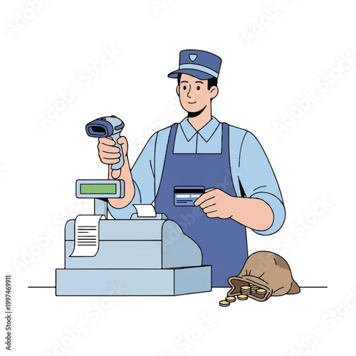 Cashier Scanning Items at Checkout Counter with Money Bag.