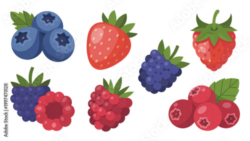 Colorful flat illustration of four strawberries and four blueberries Vector