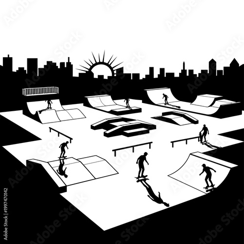 Silhouette of a skateboard park with skaters performing tricks and stunts.