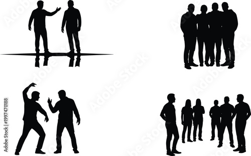 Group of people silhouettes interacting, talking, arguing and standing together, isolated on white background, teamwork, communication, conflict, social gathering concept