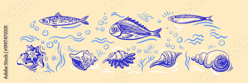 Seaside summer collection of shell sketch and marine fish. Beach themed doodle set with seaweed and nautical element in organic hand drawn outline style. Vector texture crayon illustration