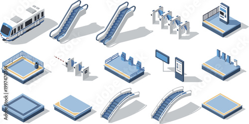 Isometric Public Infrastructure and Transport Station Elements Featuring Escalators, Security Turnstiles, Information Kiosks, and Waiting Area Seating for Urban Navigation and Architectural Planning