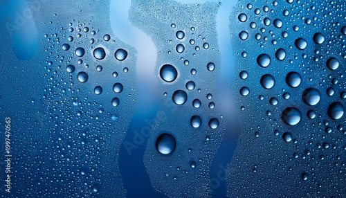 water drops on a blue background texture with realistic macro droplets surface damp from fresh dew abstract wallpaper with bubbles