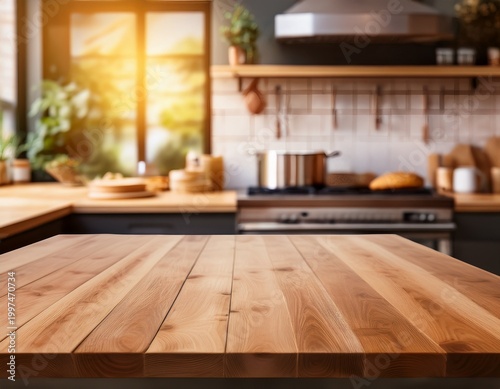 wooden tabletop on kitchen background in bakery empty tabletop in restaurant for food products presentation modern interior with blurred space