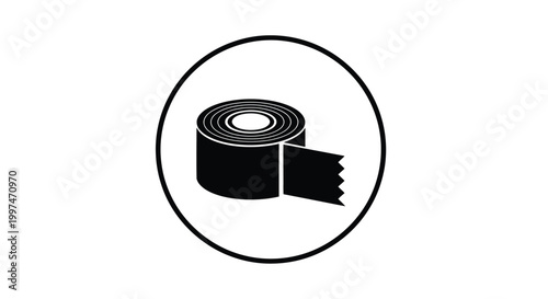Simple black vector graphic illustration of a roll of adhesive tape centered inside a circular border for use in modern industrial design and repair projects