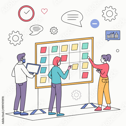 Cuadro en lienzo Team collaboration on a kanban task board with sticky notes and digital devices