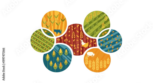 Sustainable Agriculture & Diverse Farming Ecosystem Illustration with Crops and Livestock