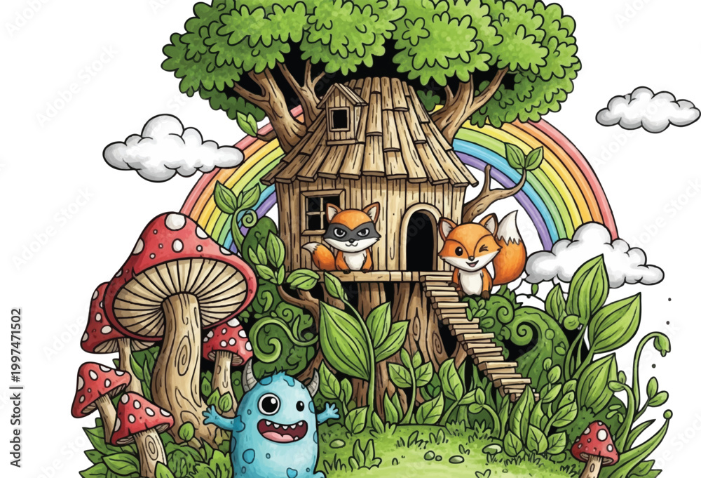 Obraz premium Fantasy Treehouse with Foxes Mushroom Monster and Rainbow Illustration