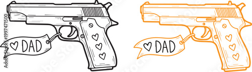 Two handguns a black and white sketch and a colorized version