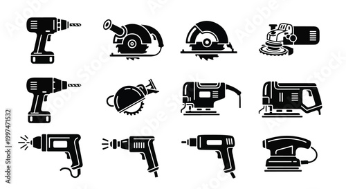 A set of various power tools in black and white illustrations on a clean white background with a graphic design style.
