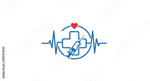 Medical symbol with syringe and cross.