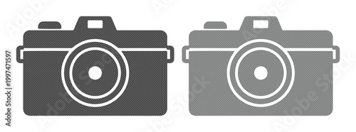 Minimalist camera icon set, two dark gray and light gray photographic device symbols, simple vector graphics for web and app design, modern photography concept. isolated on White Background