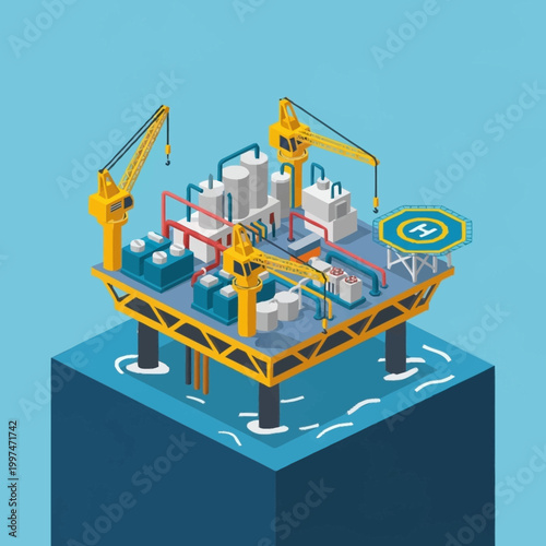 Offshore oil rig platform with cranes.