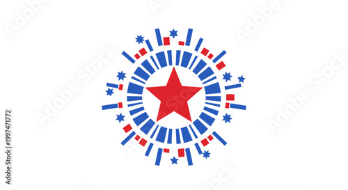 Red star surrounded by symbols.