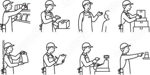 Male Shopkeeper Vector Illustration Set - Man Working in Retail Store