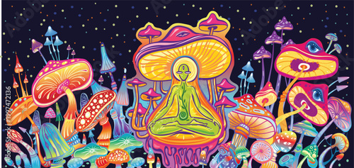 Horizontal banner featuring a mystical figure meditating among surreal psychedelic mushrooms in vibrant neon colors