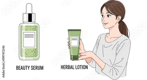 Woman holding herbal lotion and beauty serum in natural lighting for skincare advertising