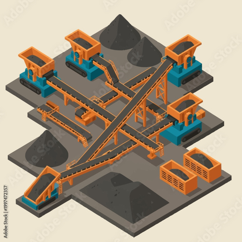 Industrial isometric coal mining conveyor belts.