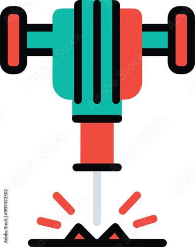Jackhammer tool graphic illustration, concrete breaking, construction work, demolition equipment, mining industry.