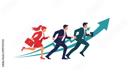 Business people running up arrow.