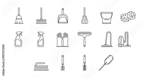Minimalist cleaning tool line icons on white background