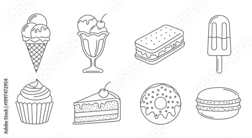 Minimalist dessert line art icons including ice cream and cake