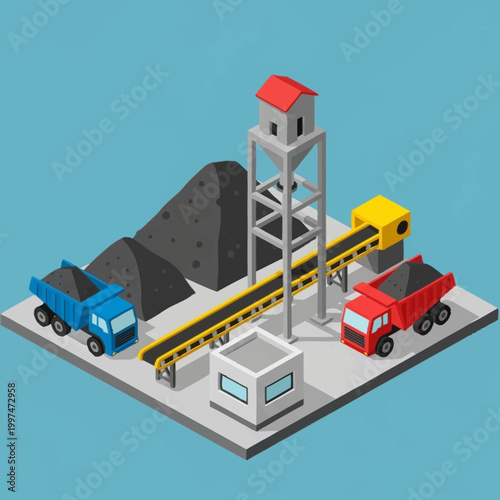 Isometric illustration of industrial mining site.