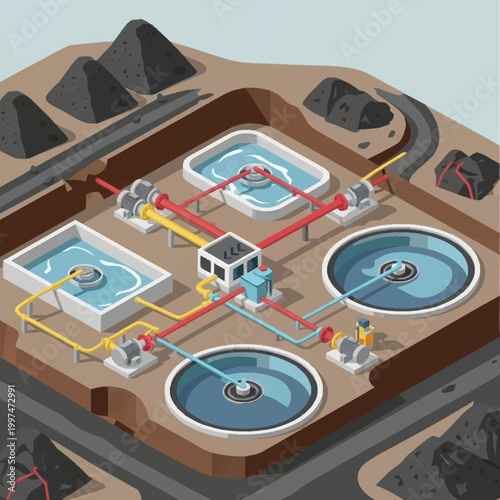 open pit coal mine operation with heavy machinery and industrial buildings.
