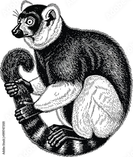 Vintage illustration of a ring tailed lemur in a curled position