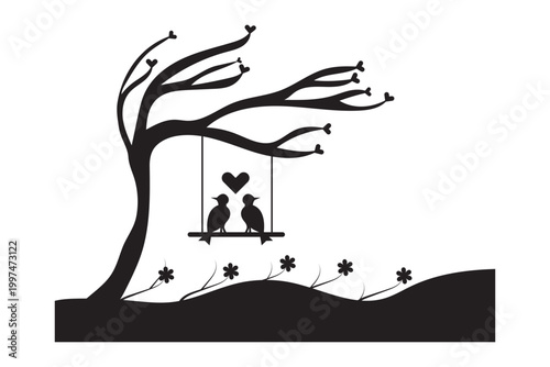 Romantic Tree with Birds Vector