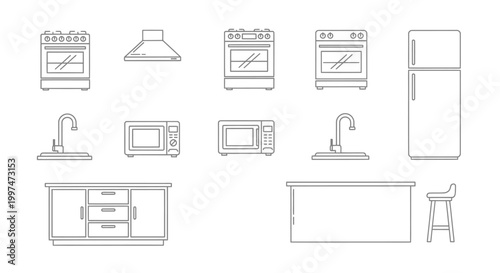 Minimalist kitchen appliance and furniture line art icons set