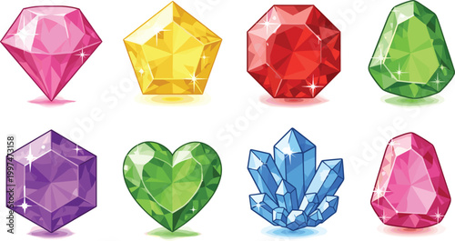 Colorful Gemstone and Crystal Collection with Sparkling Diamond, Heart, Emerald, Ruby, and Quartz Vector Illustrations for Jewelry Design, Gaming UI, and Luxury Branding