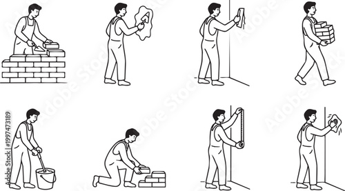 Male Mason Vector Illustration Set - Man Bricklayer and Construction Work