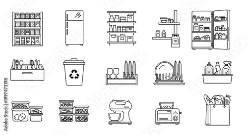 Minimalist kitchen organization and household appliances line icon set