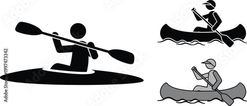 Kayaking canoe silhouettes set, paddling person on water isolated on white background, outdoor adventure sport activity illustration design