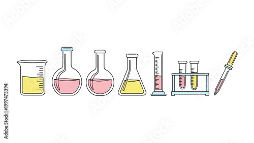 Laboratory Glassware Array: A precise display of scientific tools, each vessel ready to explore, from beakers to flasks to pipettes, perfectly arranged for experiments and analysis.