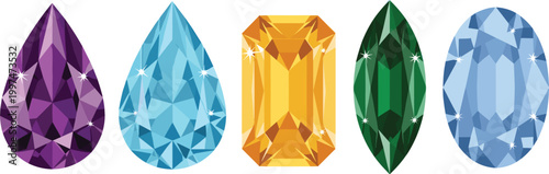 Premium Gemstone Collection Featuring Amethyst Pear, Aquamarine Teardrop, Yellow Topaz Emerald Cut, Green Marquise, and Light Blue Sapphire Oval Vector Illustrations for Jewelry Design