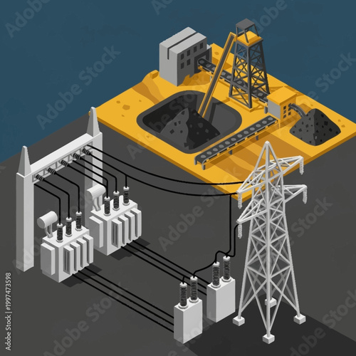 Offshore oil rig platform with power transmission tower and electrical substation.