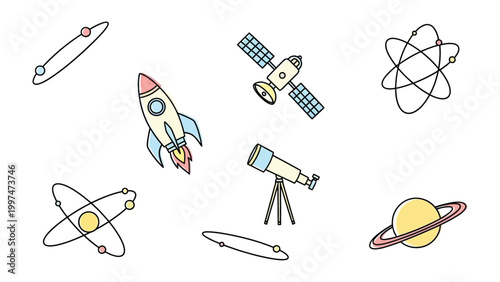 Celestial Wonders: An artistic array of cosmic elements, featuring a rocket soaring towards the unknown, a satellite observing from orbit, planets and atoms.