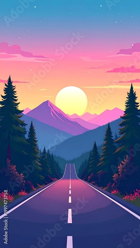 Scenic road through mountains at sunset
