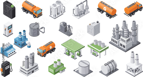 Industrial Oil and Gas Sector Isometric Vector Set with Petroleum Refineries, Fuel Tanker Trucks, Petrol Stations, Storage Reservoirs, Gas Pumps, and Chemical Processing Plant Infrastructure