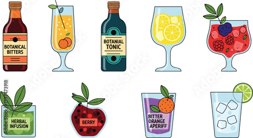 Botanical Drink Icons Featuring Herbal Infusions, Tonic, and Berry Beverages for Web and Graphic Design Projects